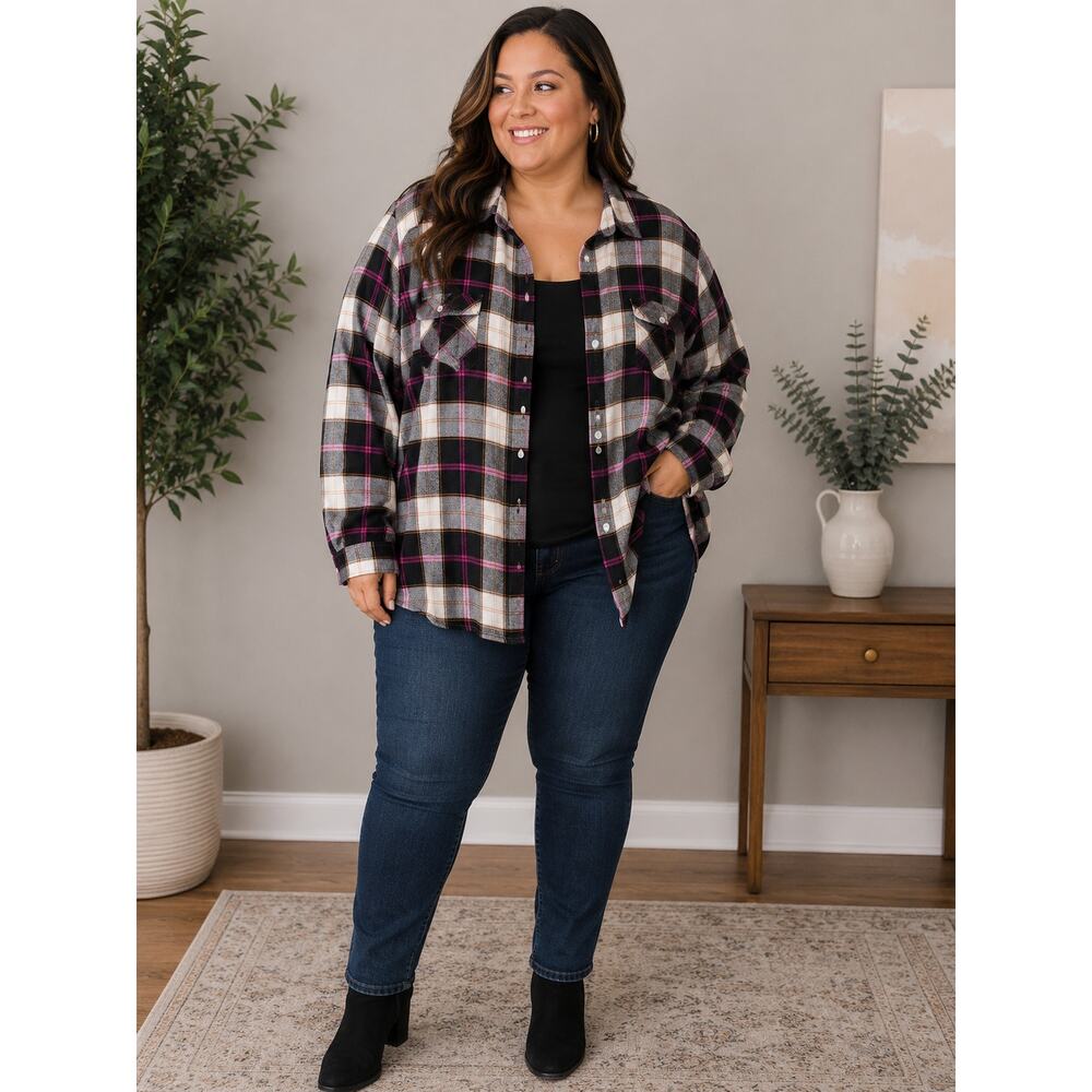 Falls Creek 3X Plaid Flannel Button Up Shirt Pink Black Gray Oversized